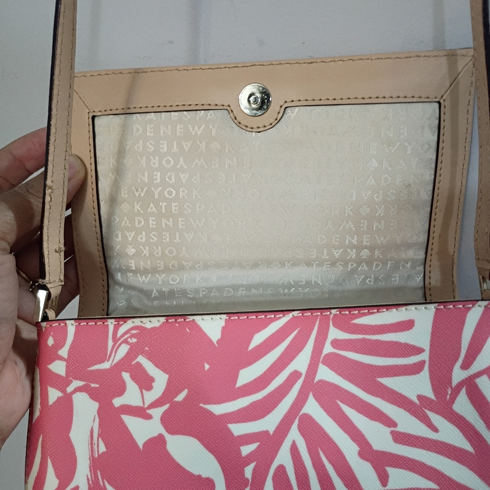 Kate Spade, EUC, Crossbody Bag, Leaf Print, Snap Closure, Color Pink, White - Picture 8 of 13